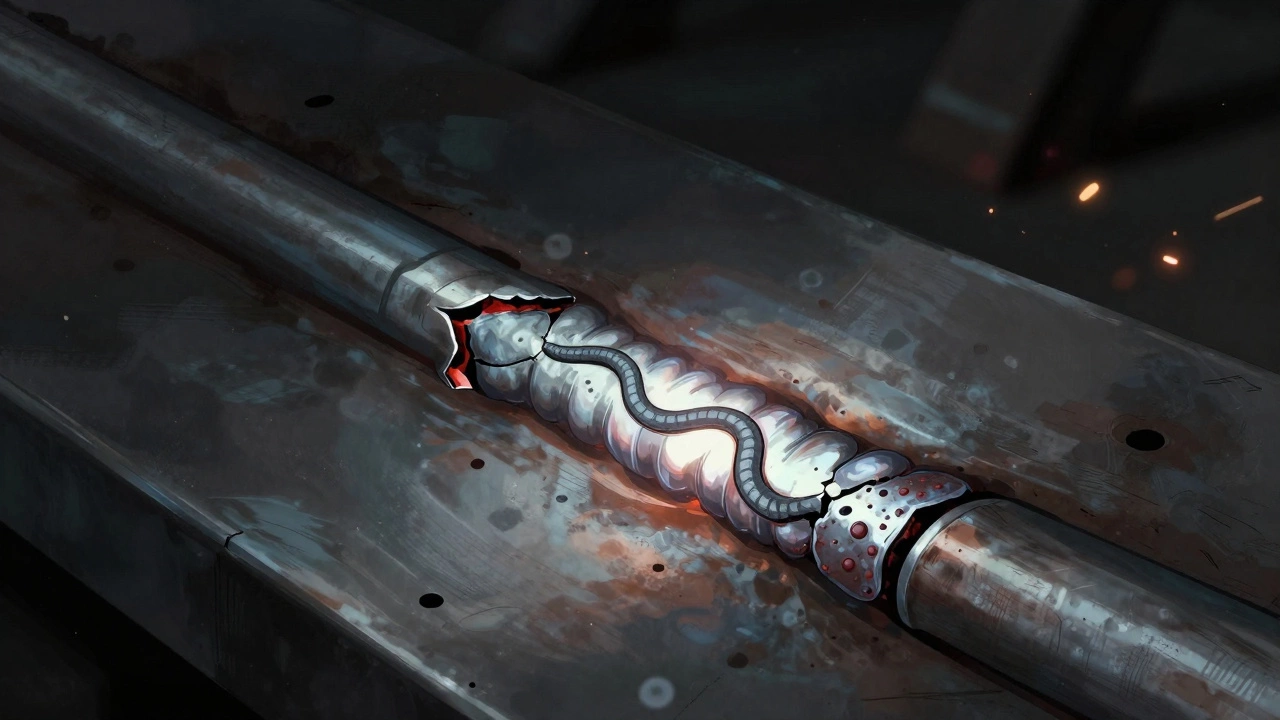 Плохой сварной шов с трещинами, подрезами и порами на фоне чистого металла.