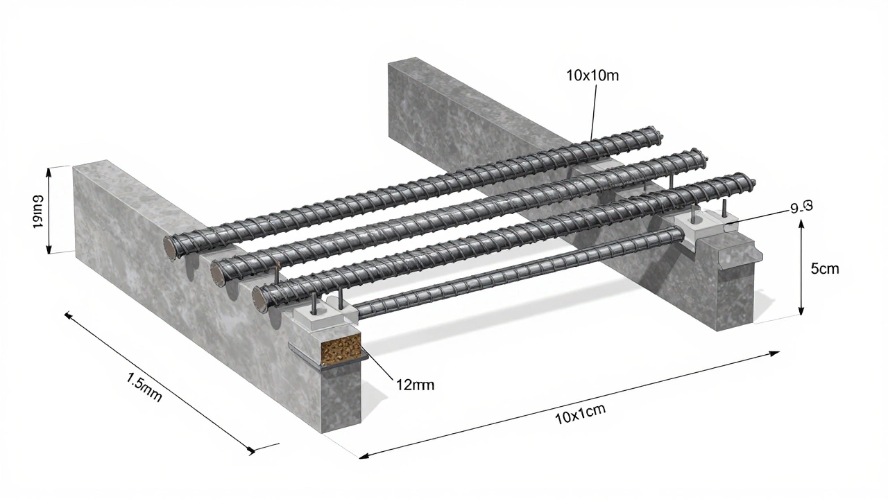 Поперечный разрез ленточного фундамента с детализацией арматурных каркасов и расстояний