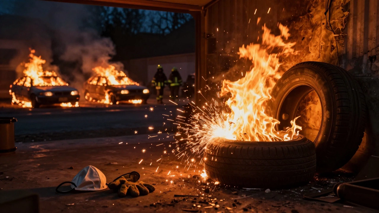 Пожар в гараже от сварочных искр, горят автомобили, на полу лежат поврежденные перчатки и маска.