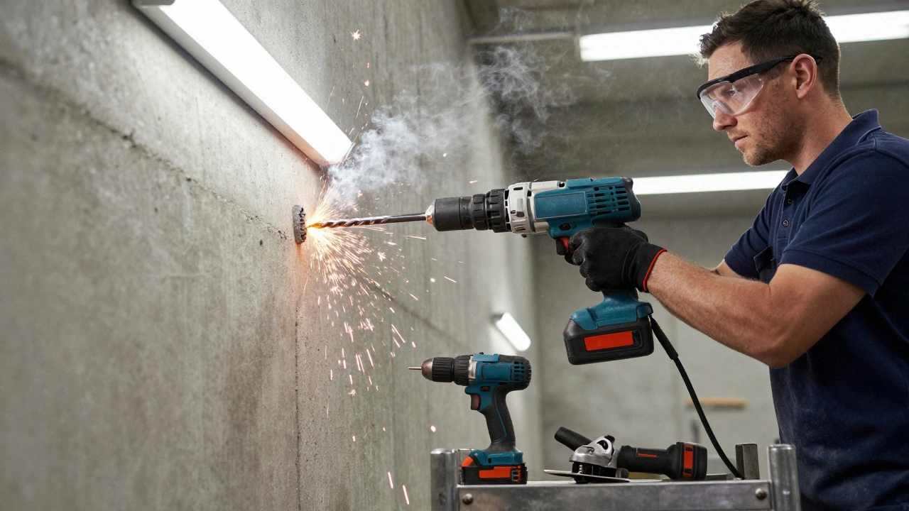 Профессионал использует перфоратор для сверления бетонной стены, летят искры.