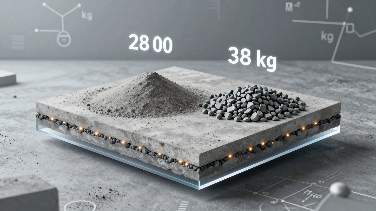 Прозрачная плита бетона с внутренними пропорциями цемента, песка и щебня для разных марок.