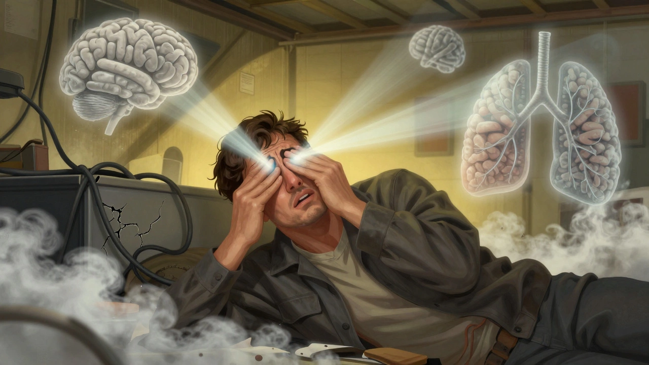 Рабочий держится за глаза, вокруг — токсичные пары, символизирующие отравление марганцем.