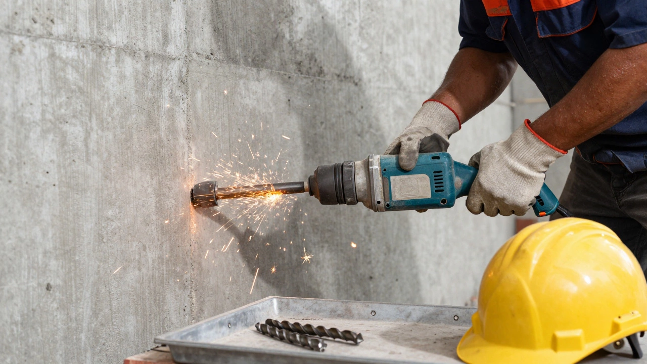 Рабочий использует перфоратор на бетонной стене, летят искры, вокруг — пыль и защитное снаряжение.