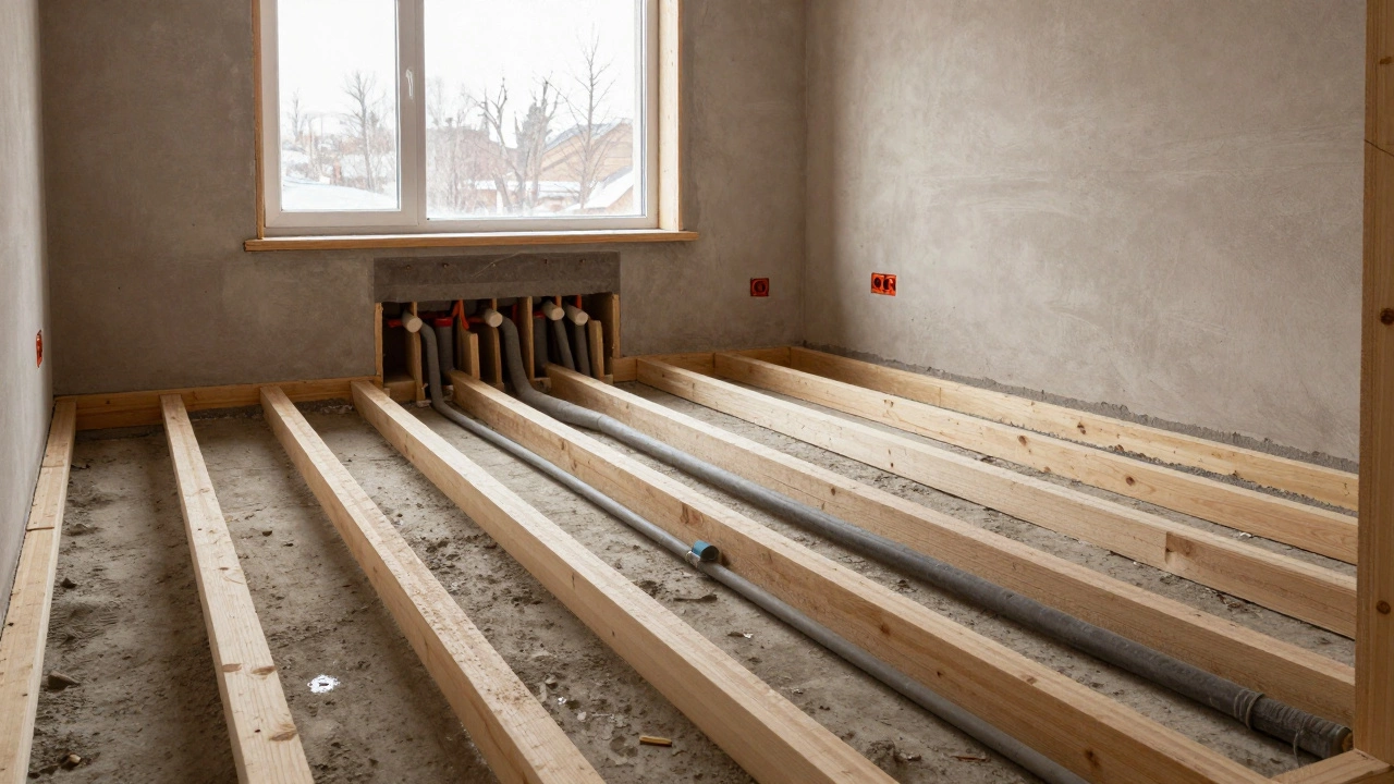 Работники укладывают пол в частном доме, видны провода и трубы в подполе.