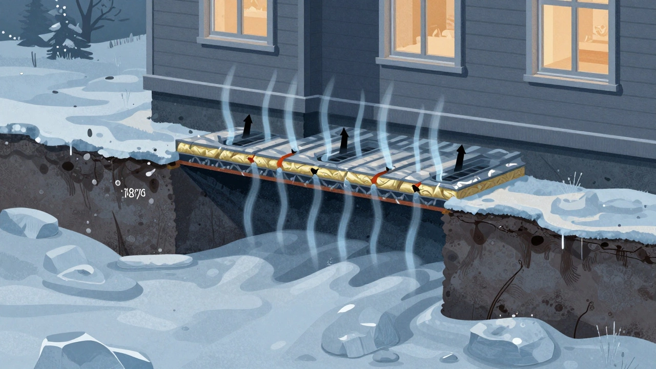 Разрез дома в Сибири с высоким фундаментом, изоляцией и вентиляцией под полом.