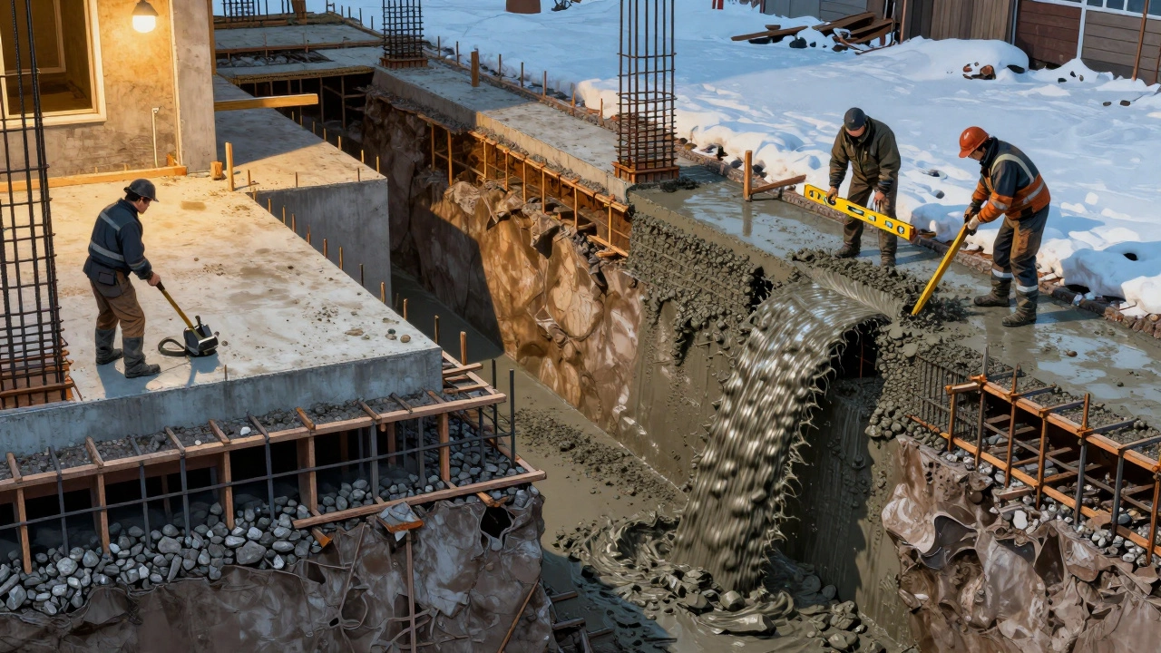 Разрез фундамента: бетон заливается в опалубку с арматурой и дренажным слоем.