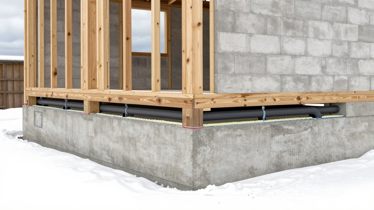 Разрез фундамента и стены дома с утеплением и коммуникациями внутри.