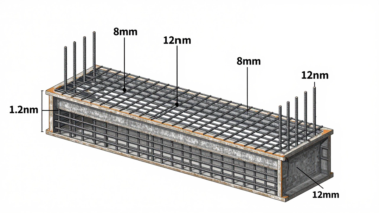 Разрез фундамента с двумя поясами арматуры и поперечными хомутами, показывающий соотношение стали и бетона.
