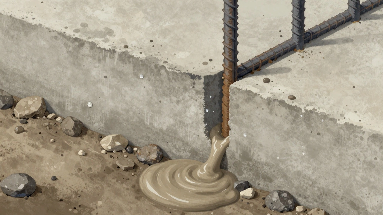 Разрез фундамента с правильным технологическим швом: слои бетона, цементное молочко и арматура, соединяющие слои.