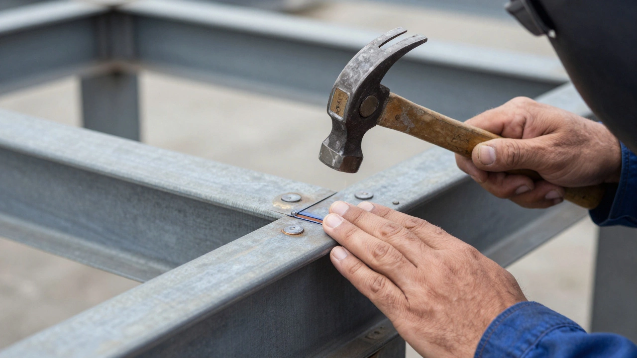 Руки сварщика проверяют шов пальцем и молотком в мастерской.