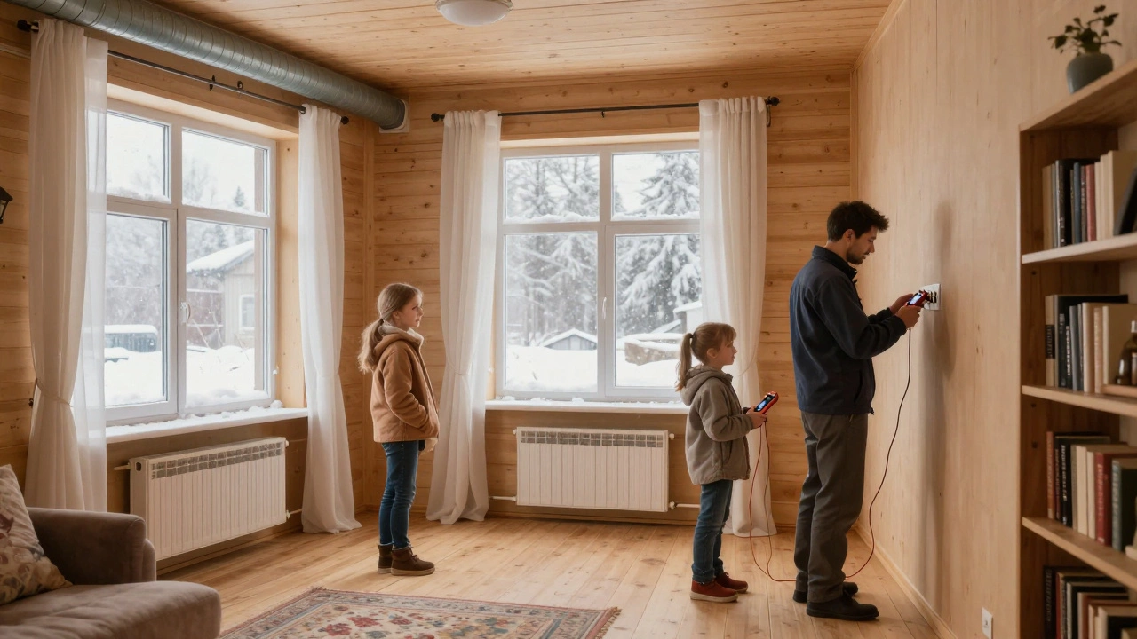 Семья в уютной гостиной нового дома с видом на снежный пейзаж и работающими радиаторами.