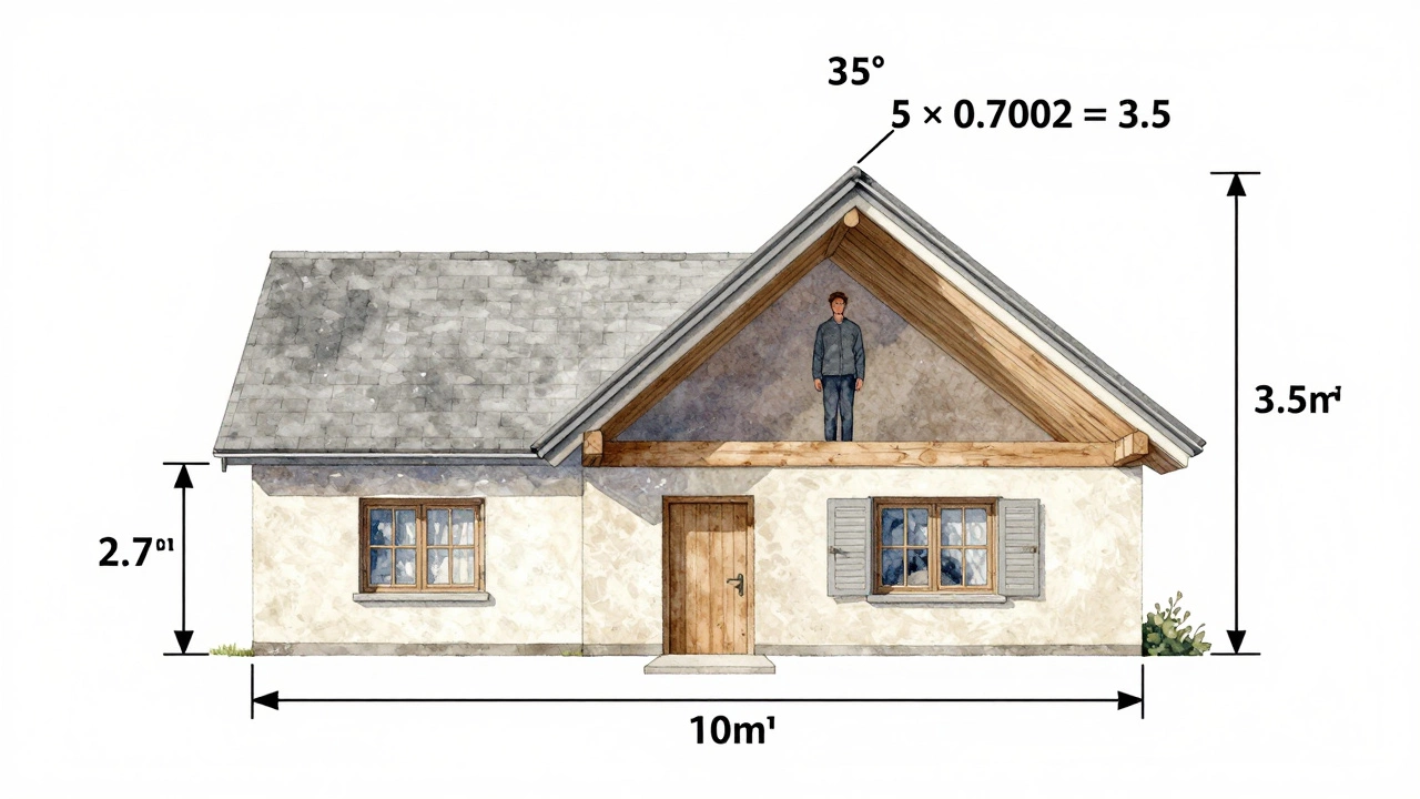 Схема дома с размерами: стены 2,7 м, конёк на 3,5 м выше мауэрлата, угол наклона 35°, расчёт тангенса.