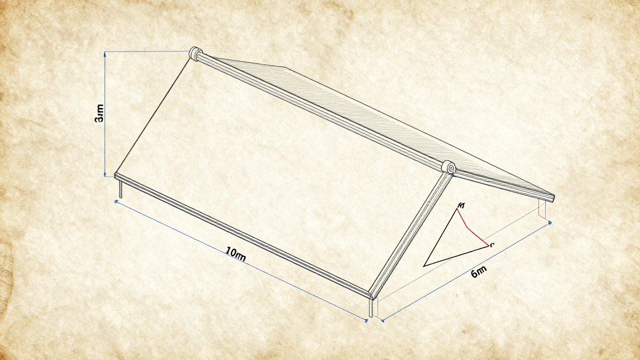 Схема двускатной крыши с обозначенными размерами и расчетом длины стропила по теореме Пифагора.