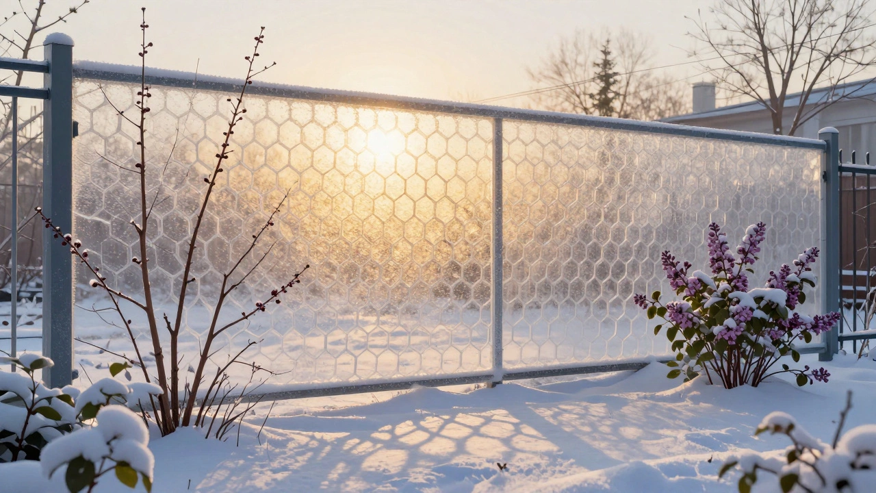 Сотовый поликарбонатный забор на рассвете, свет проникает через ячейки, освещая ровно лежащий снег и кусты у основания.