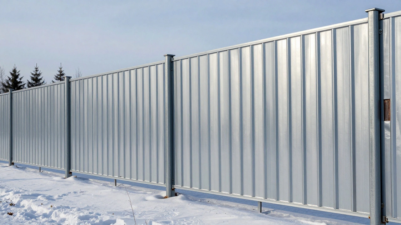 Современный металлический забор из профлиста с полимерным покрытием в снегу.