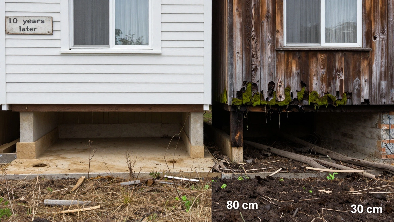 Сравнение двух домов: один с высоким фундаментом (сухой) и один с низким (гнилой).