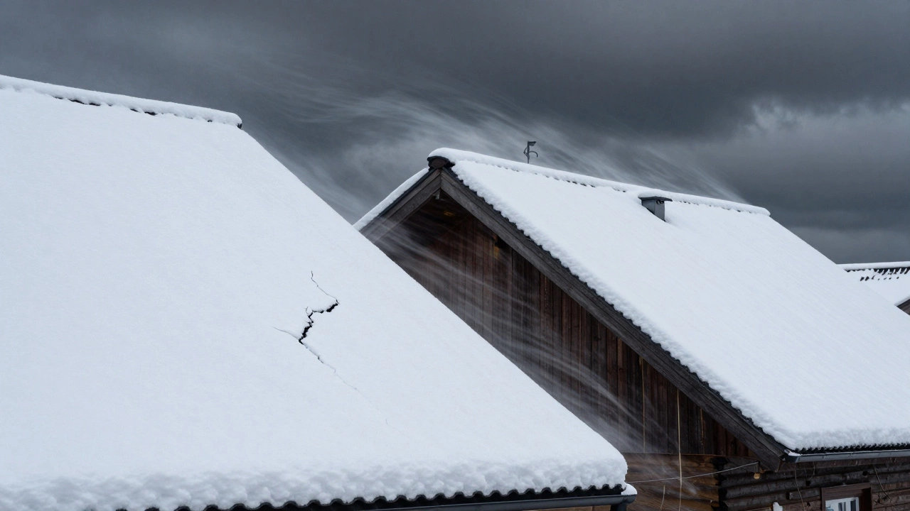 Сравнение крыш: одна под тяжестью снега, другая — с чистым сходом снега при угле 45°.