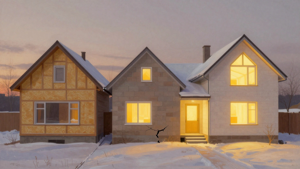 Сравнение трёх типов домов: каркасного, газобетонного и СИП-панельного, с визуализацией потерь тепла на фоне зимнего пейзажа.