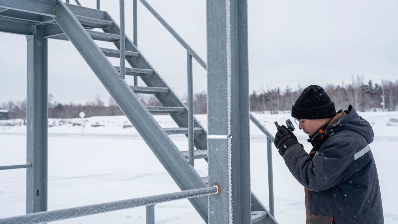 Сварная лестница в снежном ландшафте при морозе, проверка шва.