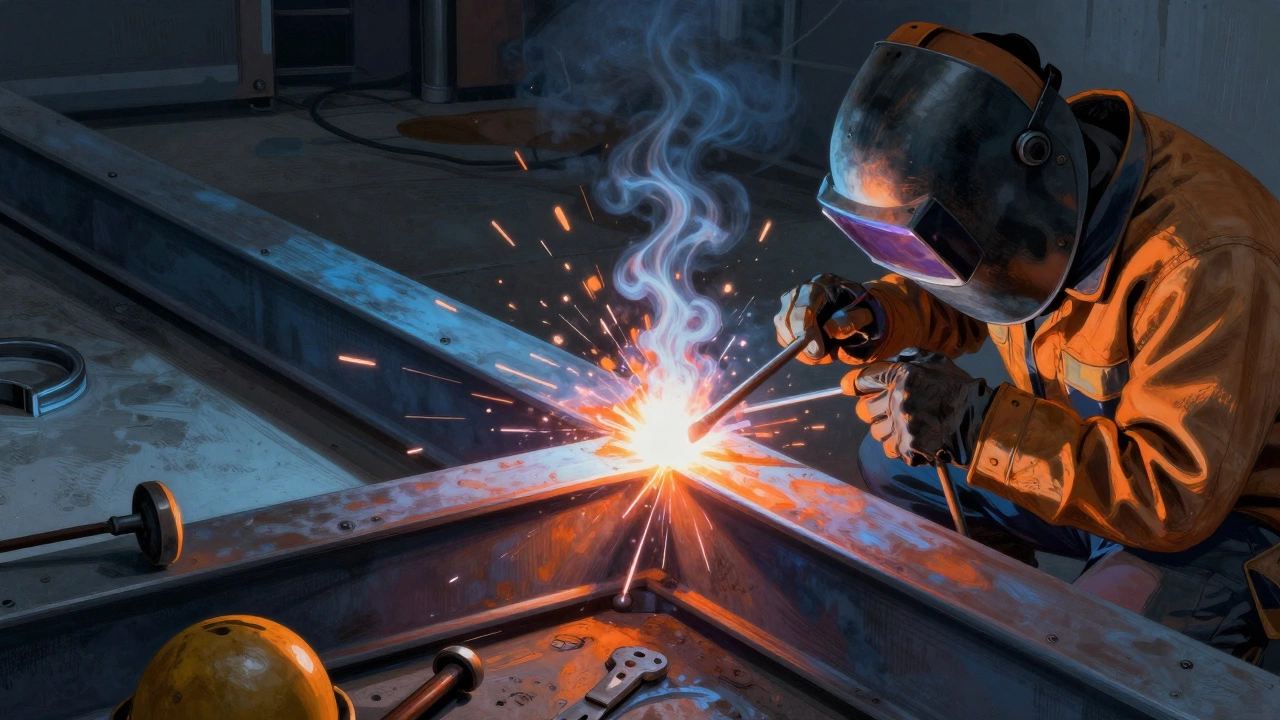 Сварщик применяет метод «лесенка» для сварки длинного стального бруса.