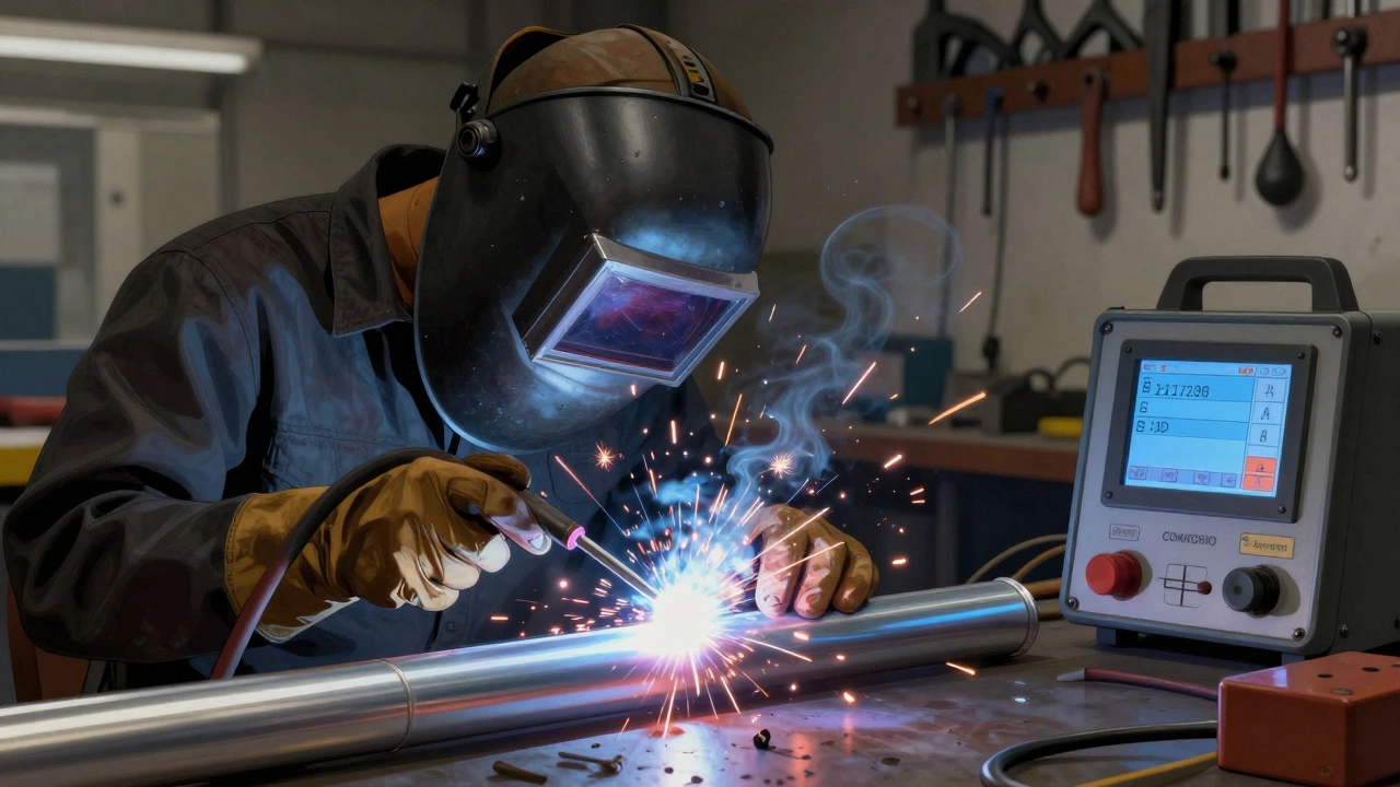 Сварщик выполняет точную TIG-сварку алюминиевой трубы, летят искры.