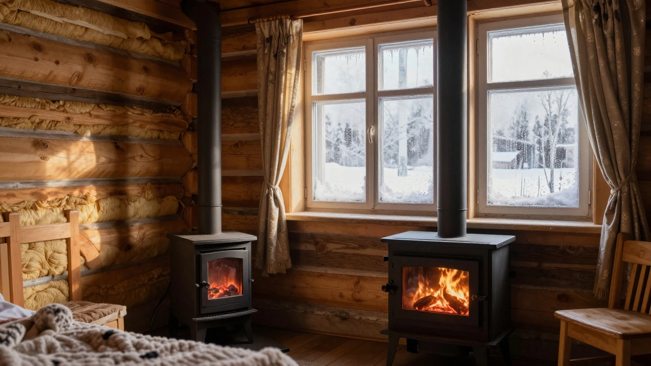 Теплый интерьер каркасного дома с видом на замерзшее окно и деревянной печью.