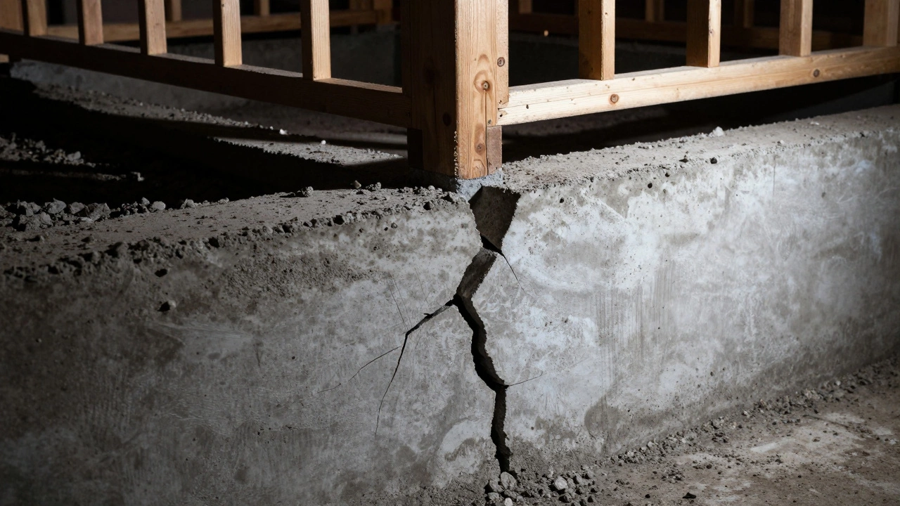 Трещина в фундаменте по неправильному шву, расходящаяся в стены дома, рядом — идеальный шов с равномерной прочностью.