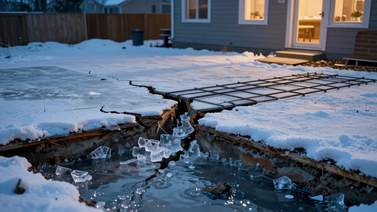 Трещины в фундаменте на фоне зимнего оттепели, рядом — правильно устроенная плита с утеплением.