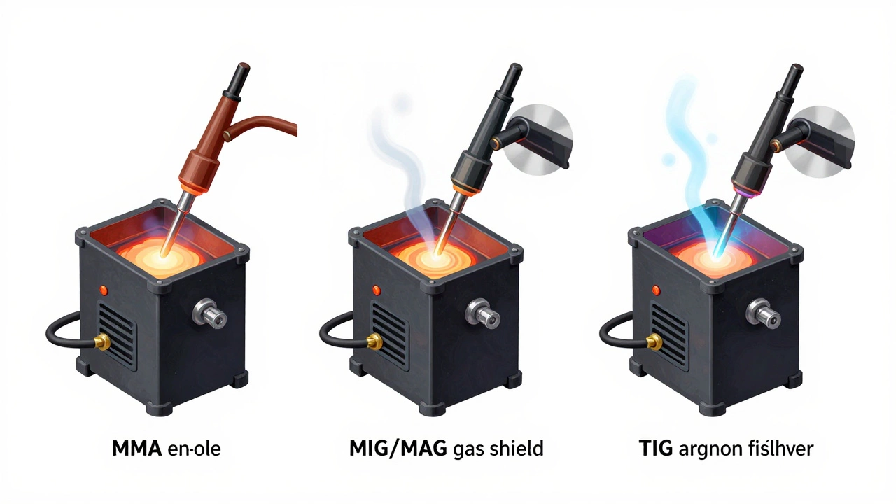 Три метода сварки: ММА, MIG/MAG и TIG, показанные схематично с деталями оборудования и процесса.