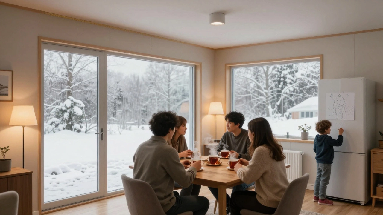 Уютный интерьер дома из СИП-панелей зимой: семья у стола, тепло и комфорт, окна снаружи покрыты снегом, мягкий свет внутри.