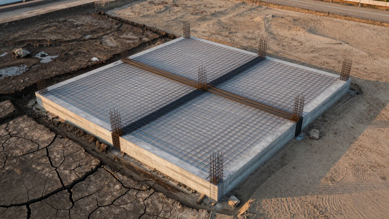 Вид сверху на плитный фундамент с арматурной сеткой, разделённый на зоны стабильного и нестабильного грунта.