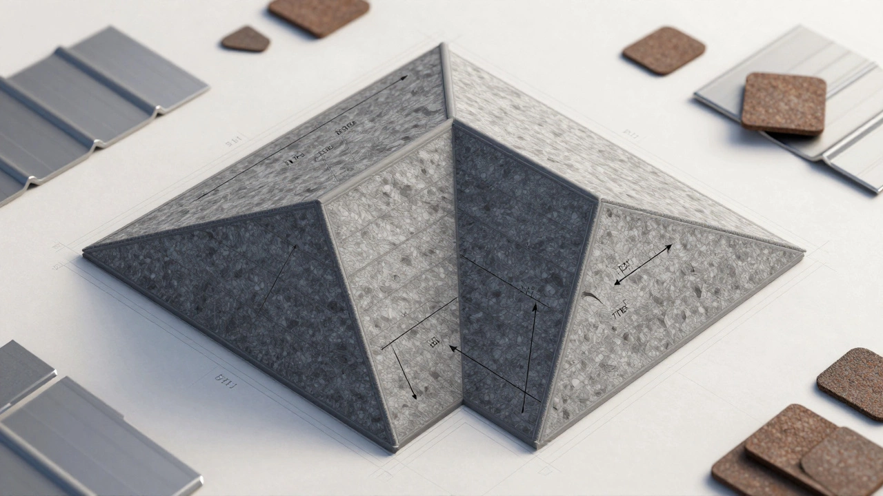 Вид сверху на вальмовую крышу, разбитую на треугольники и трапеции с указанием измерений и кровельных материалов.