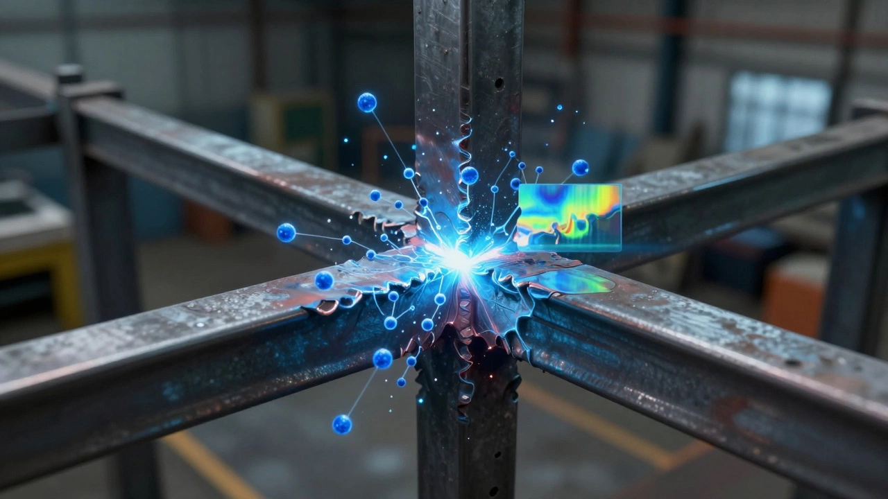 Видимые водородные частицы распространяются по зернам сварного шва, вызывая трещины.