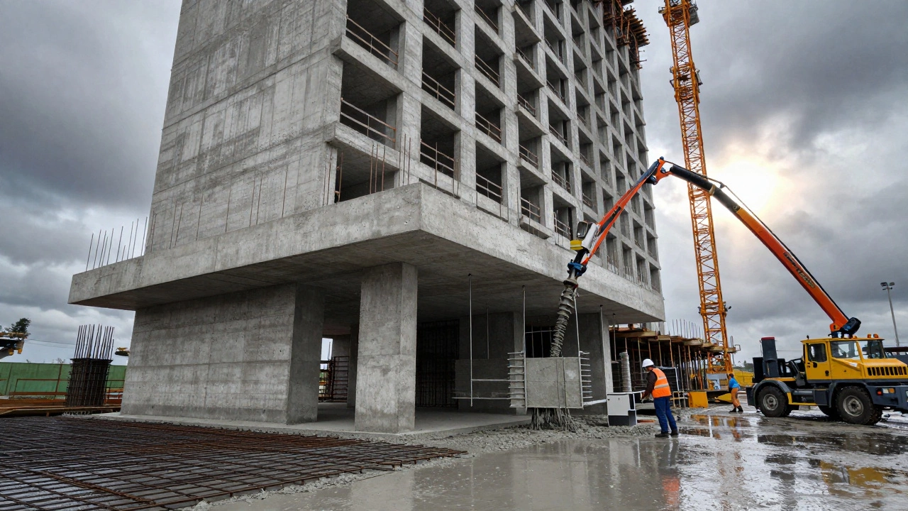Заливка плитного фундамента монолитного жилого дома с арматурой и бетонным насосом на фоне кранов.