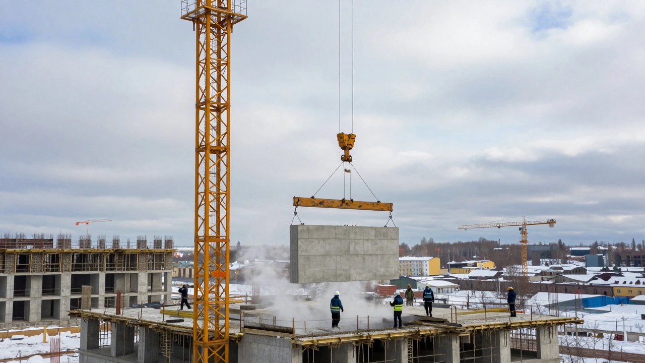 Башенный кран поднимает бетонную плиту на строящийся жилой комплекс.