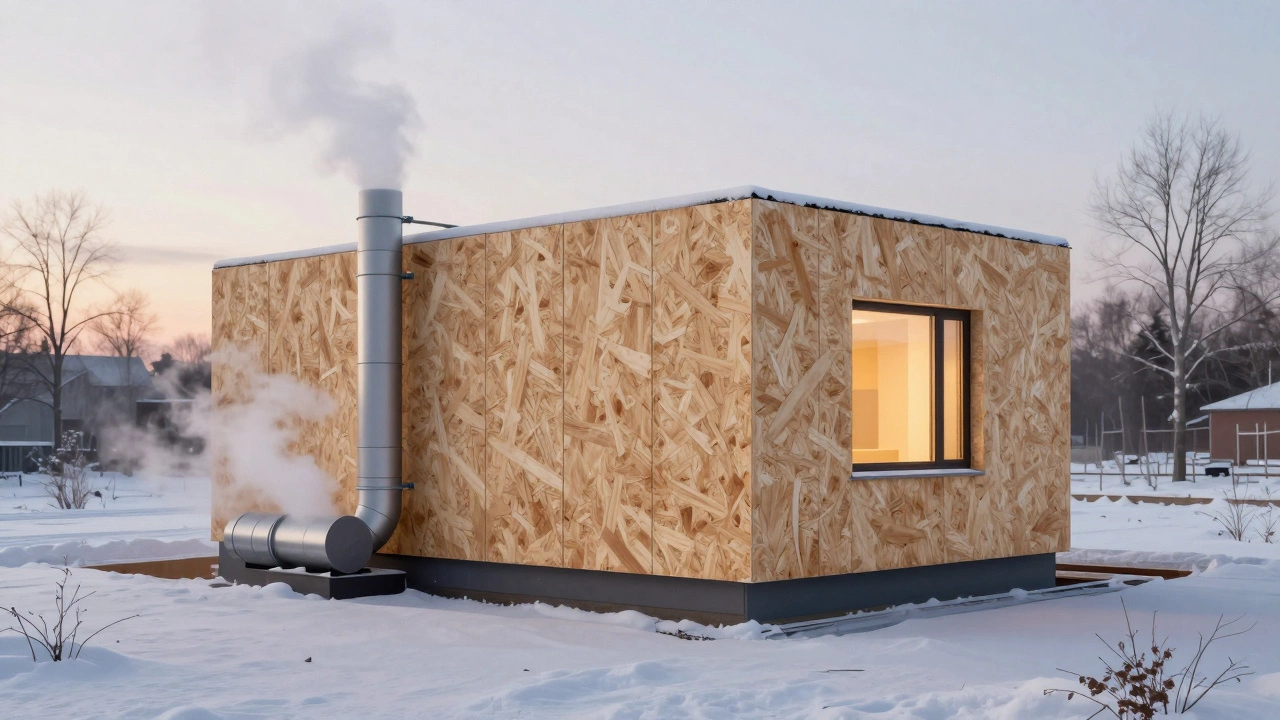 Дом из SIP-панелей в снежной Подмосковной деревне, тепло светится из окна, пар поднимается от вентиляции.