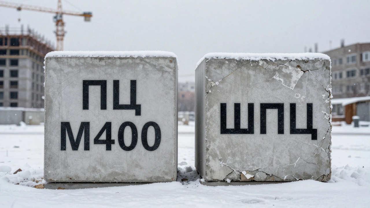 Два бетонных куба: один прочный после 50 лет, другой треснувший после 5 лет в морозах Нижнего Новгорода.