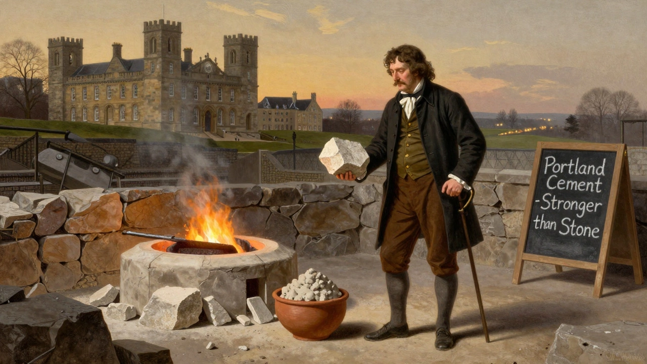 Изобретатель Джозеф Аспдин показывает новый цемент, похожий на портлендский камень, в английской мастерской XIX века.
