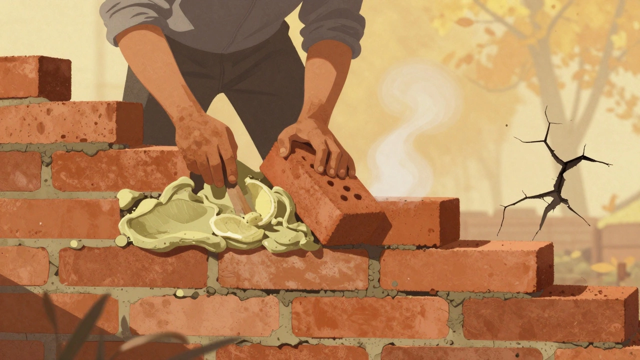 Кладка кирпича с известковым раствором, где кирпич слегка гнется, а жесткий раствор рядом трескается.