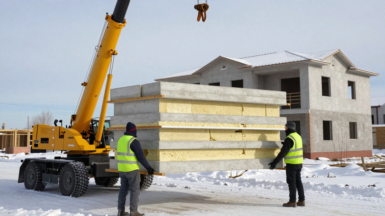 Кран поднимает трехслойную железобетонную панель с утеплителем на стройплощадке в Казани, рабочие ведут монтаж.
