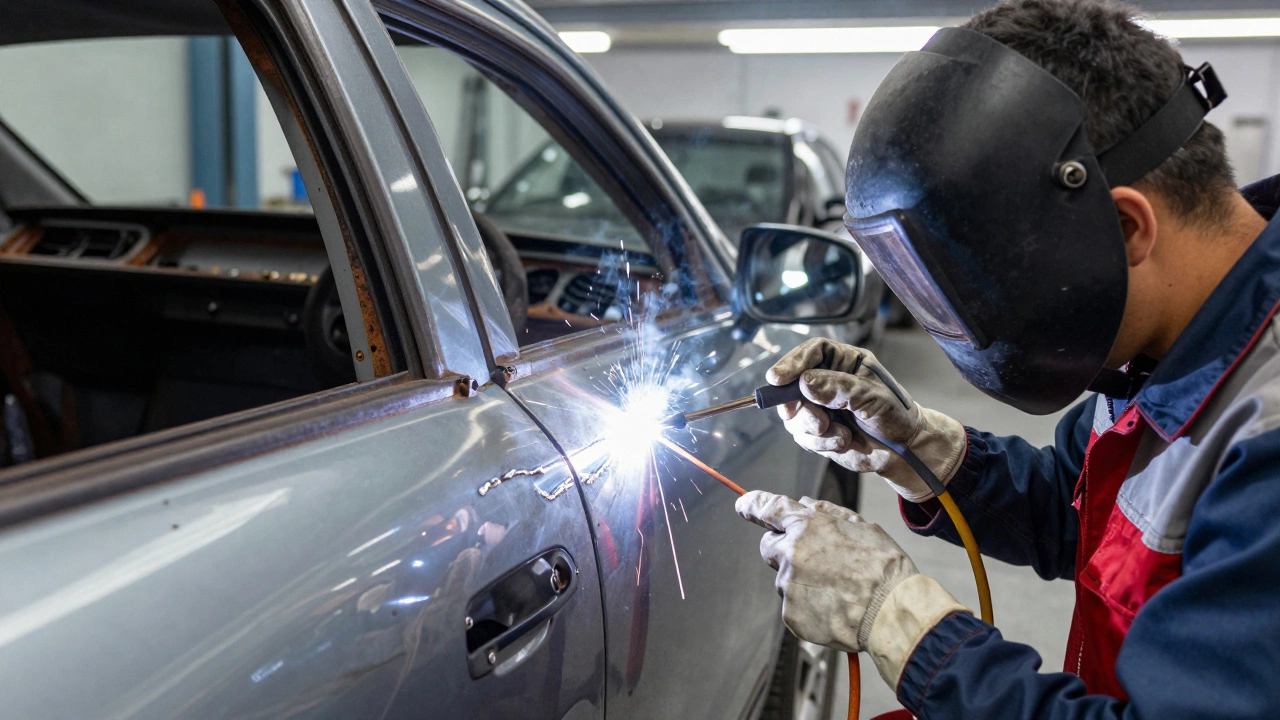 Мастер ремонтирует кузов автомобиля с помощью MIG/MAG сварки, создавая ровный шов на пороге.