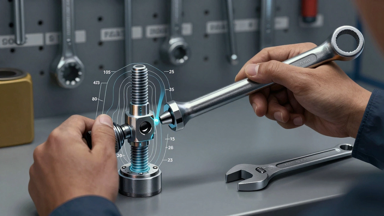 Механик использует динамометрический ключ для затяжки болта, рядом лежит сломанный гаечный ключ.
