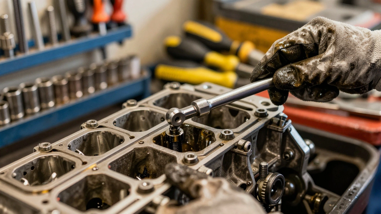 Механик затягивает болт динамометрическим ключом на двигателе.