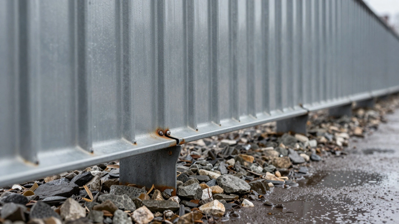 Металлический забор с загнутым краем и зазором 5 см над щебнем, дождь на фоне.