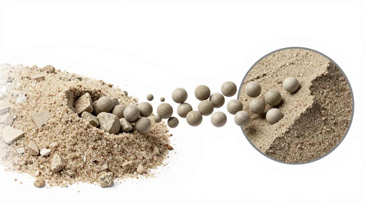 Микро-изображение: острый карьерный песок цепляется за цемент, а гладкий речной песок скользит, не сцепляясь.
