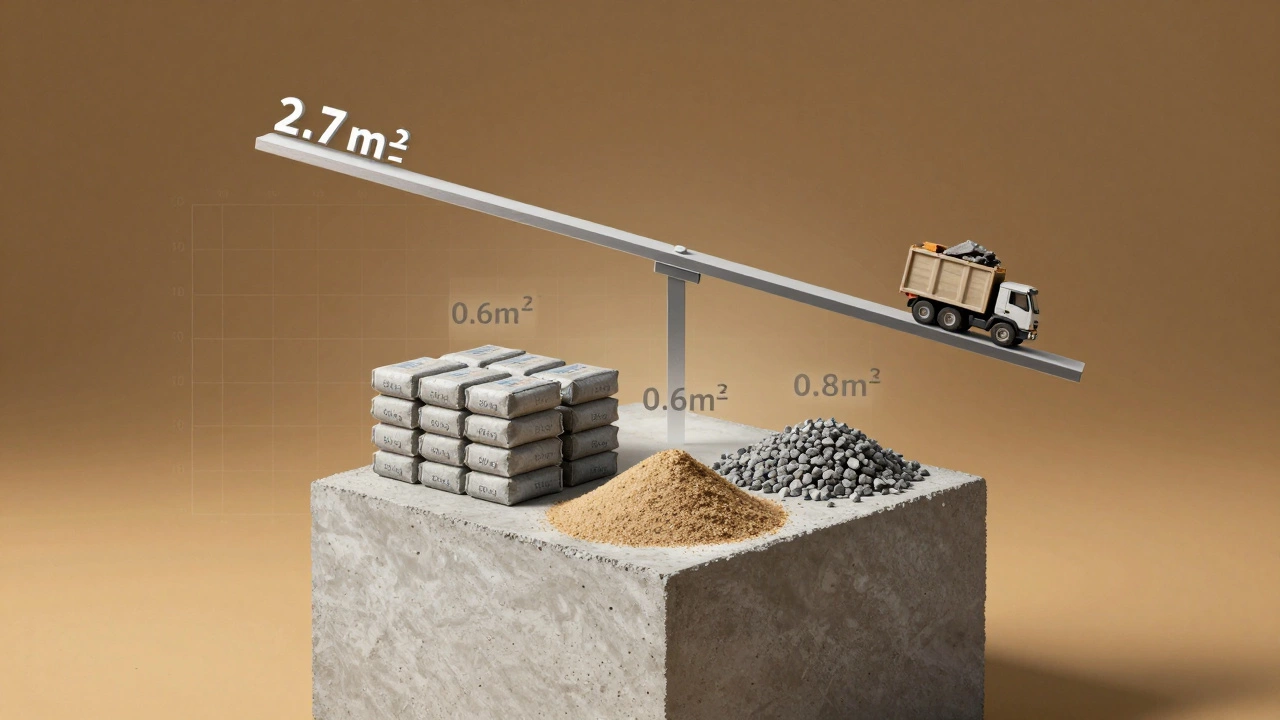 Прозрачный куб бетона с компонентами: мешки цемента, песок и щебень, с объёмом 2,7 м³.