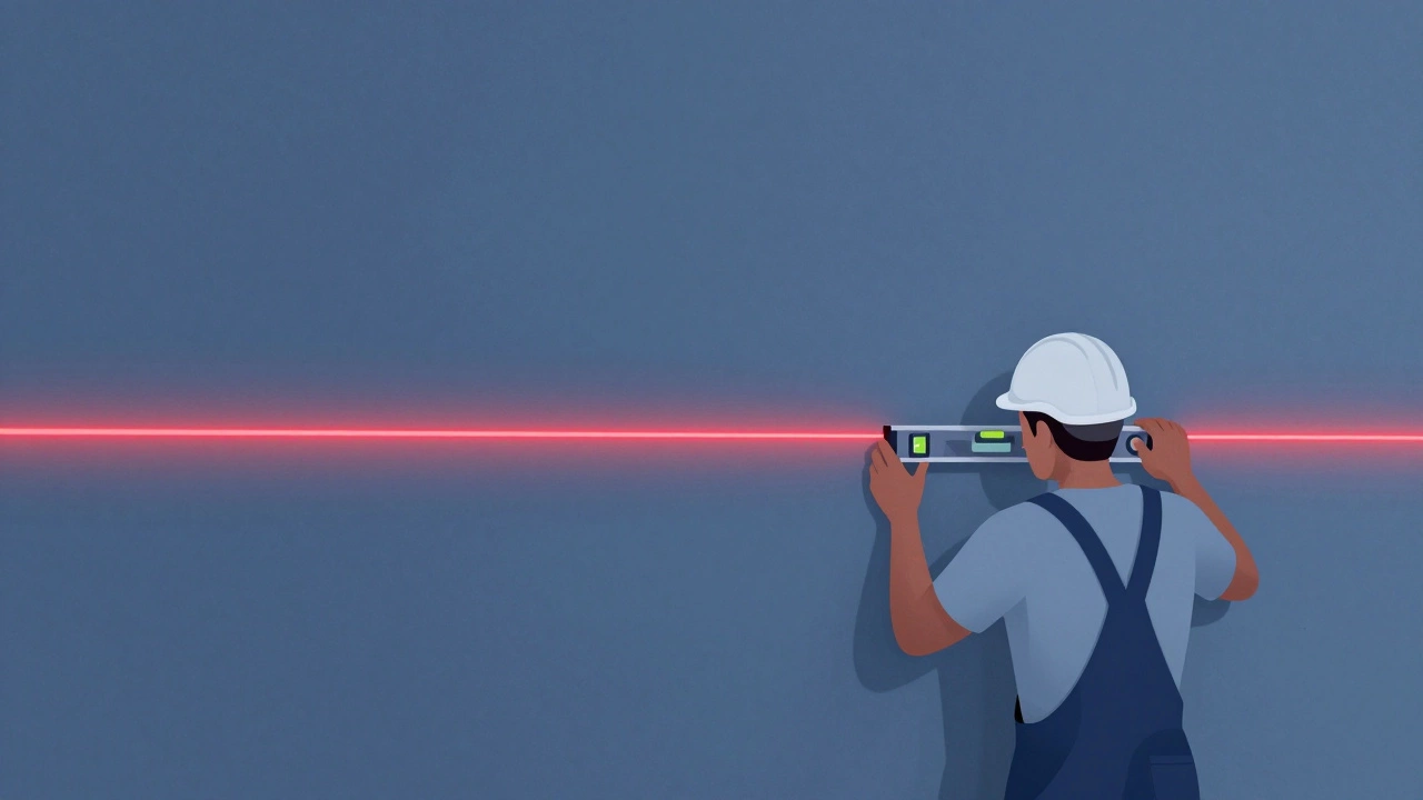 Рабочий проверяет уровень стены лазерным нивелиром, точные измерения.
