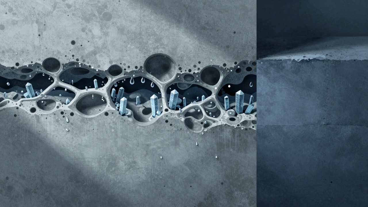 Разрез бетона с кристаллами, блокирующими воду внутри пор, сравнение проницаемого и герметичного материала.