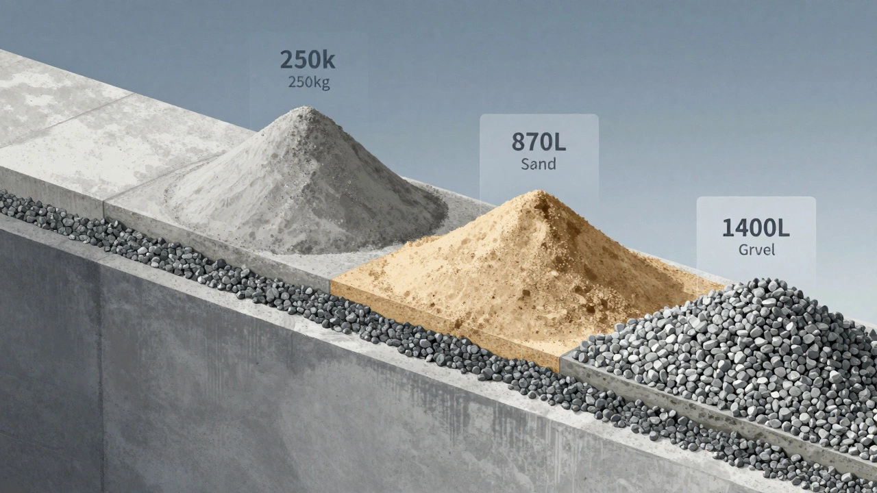 Разрез бетонного фундамента с чёткими пропорциями компонентов: 1 часть цемента, 3.5 части песка, 5.6 части щебня.