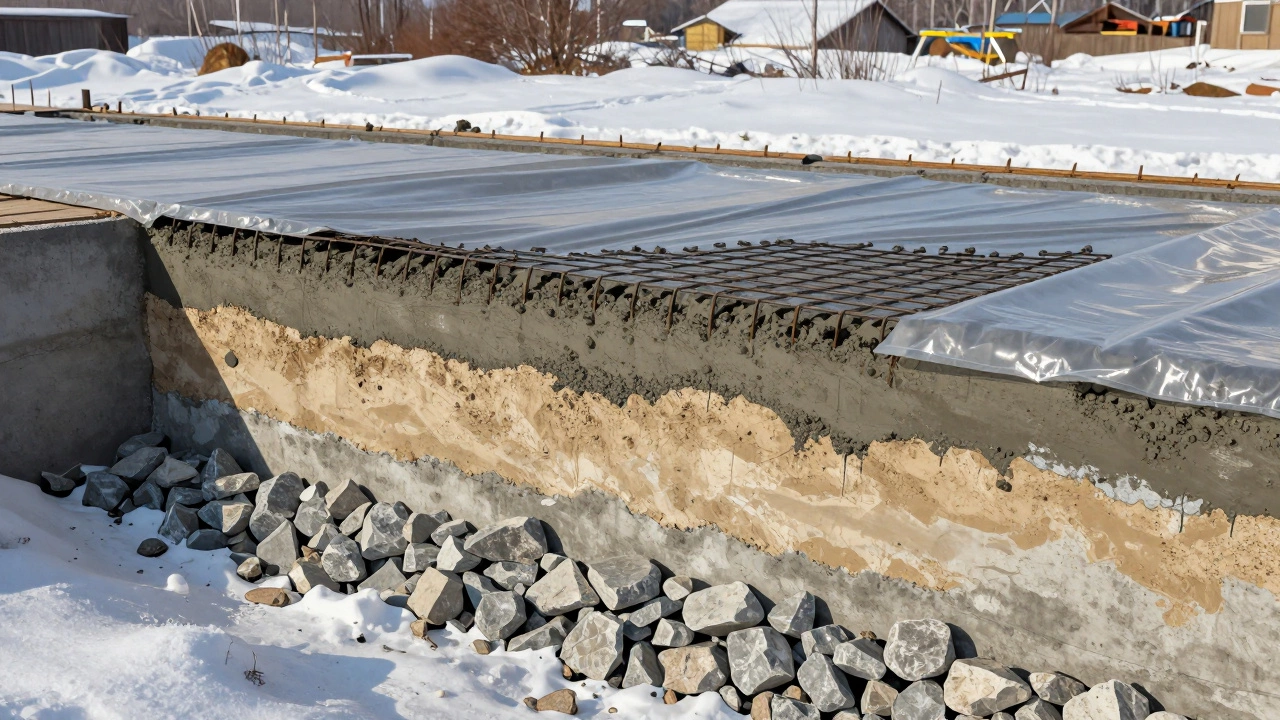 Разрез бетонного фундамента с песчаной подушкой, арматурной сеткой и укрывающей пленкой на фоне зимнего пейзажа.